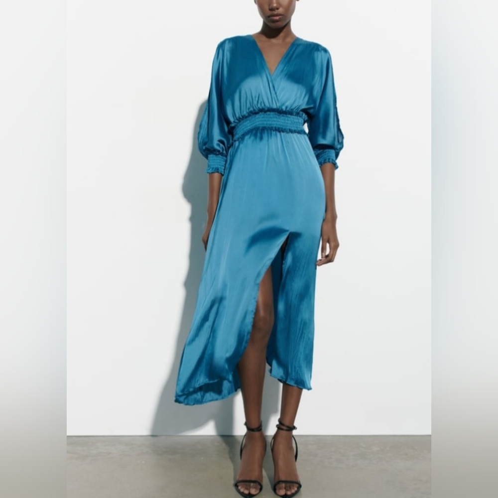 ZARA SMOKED WAIST TEAL MIDI DRESS SIZE MEDIUM